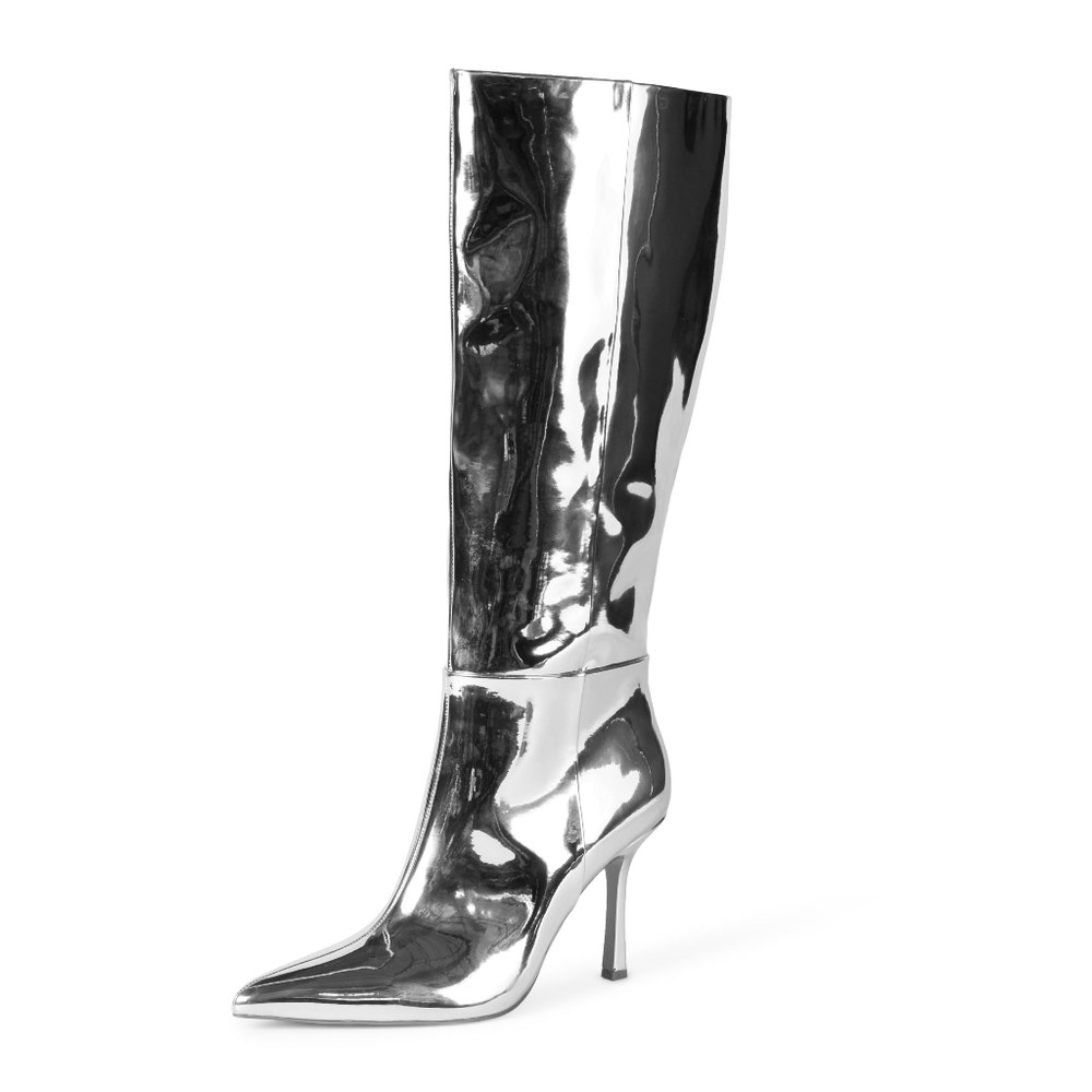 Silver Knee-High Stiletto Boots Size‎ 7.5 New Silver Mirror Gemini Sexy Clubcore